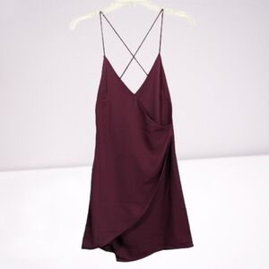 By The Way Mini Dress Black Cherry Faux Wrap Spaghetti Straps Asymmetric…